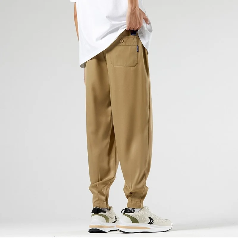 2023 Summer Men's Khaki Harem Pants Thin Oversized Tapered Casual Stretch Waist Zipper Slit Ankle Length Big Size Clothing Man