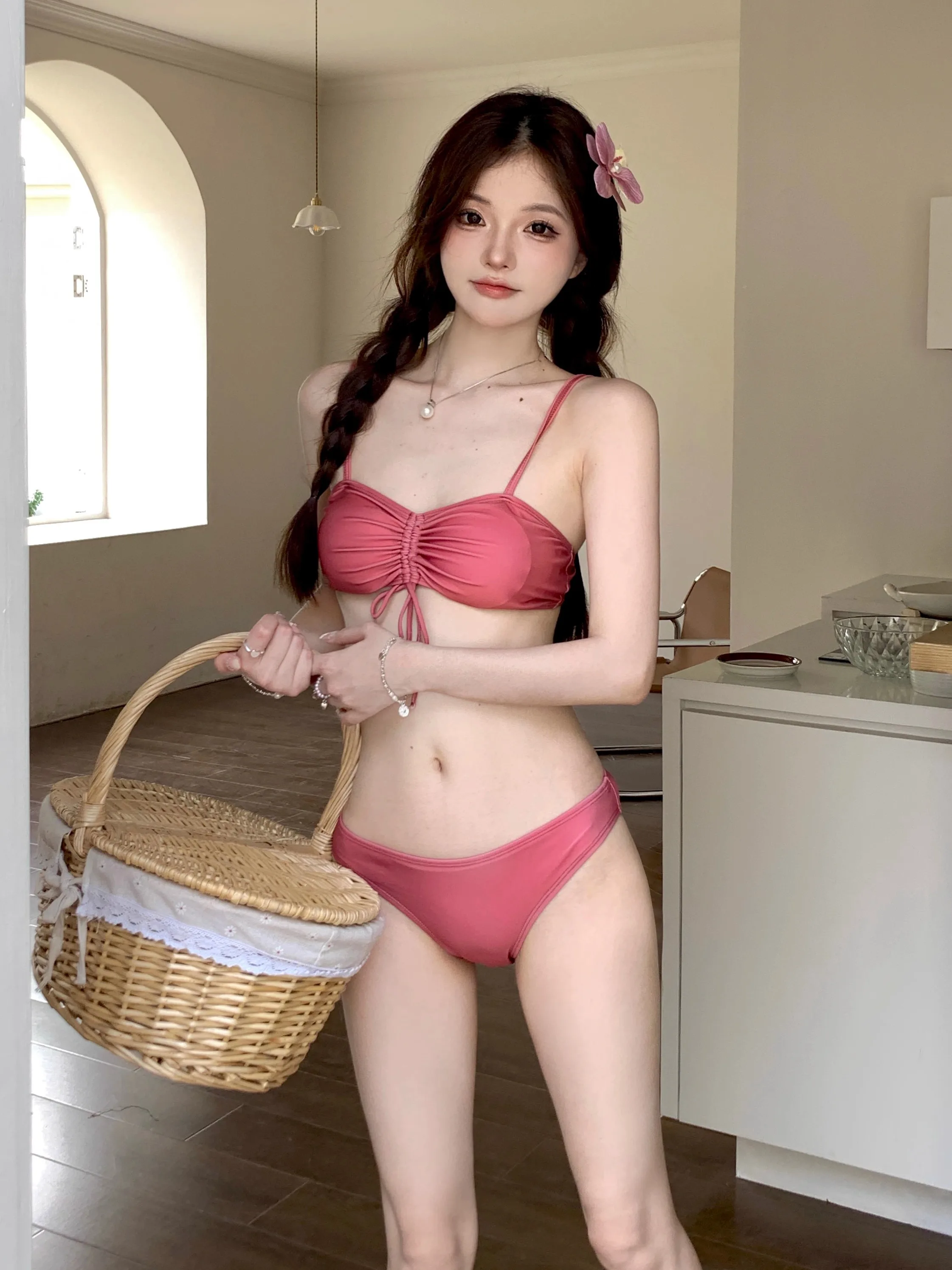 

Dopne 2025 New Advanced Beautiful Bikini Four-piece Set Swimsuit Girl Vaion Hot Spring Swimwear V-neline with Chest Pad