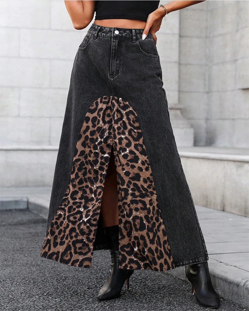 

Street joker Women's Retro leopard print Wrapped Buttocks Denim Waisted Split A-line Denim Skirt Autumn Fashion Ladies Clothing