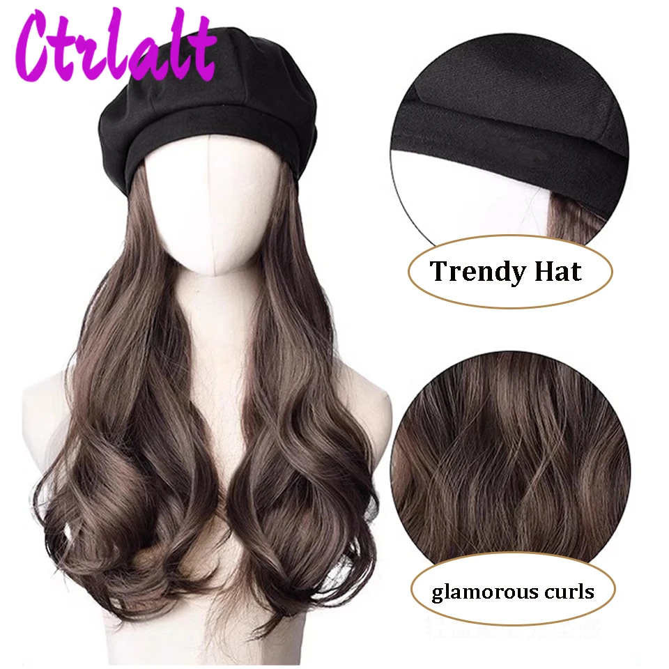 Synthetic Long Curly Hair With Black Woolen Beret  Fashion Lazy Long Curly Hair Beret Wig Naturally Fluffy