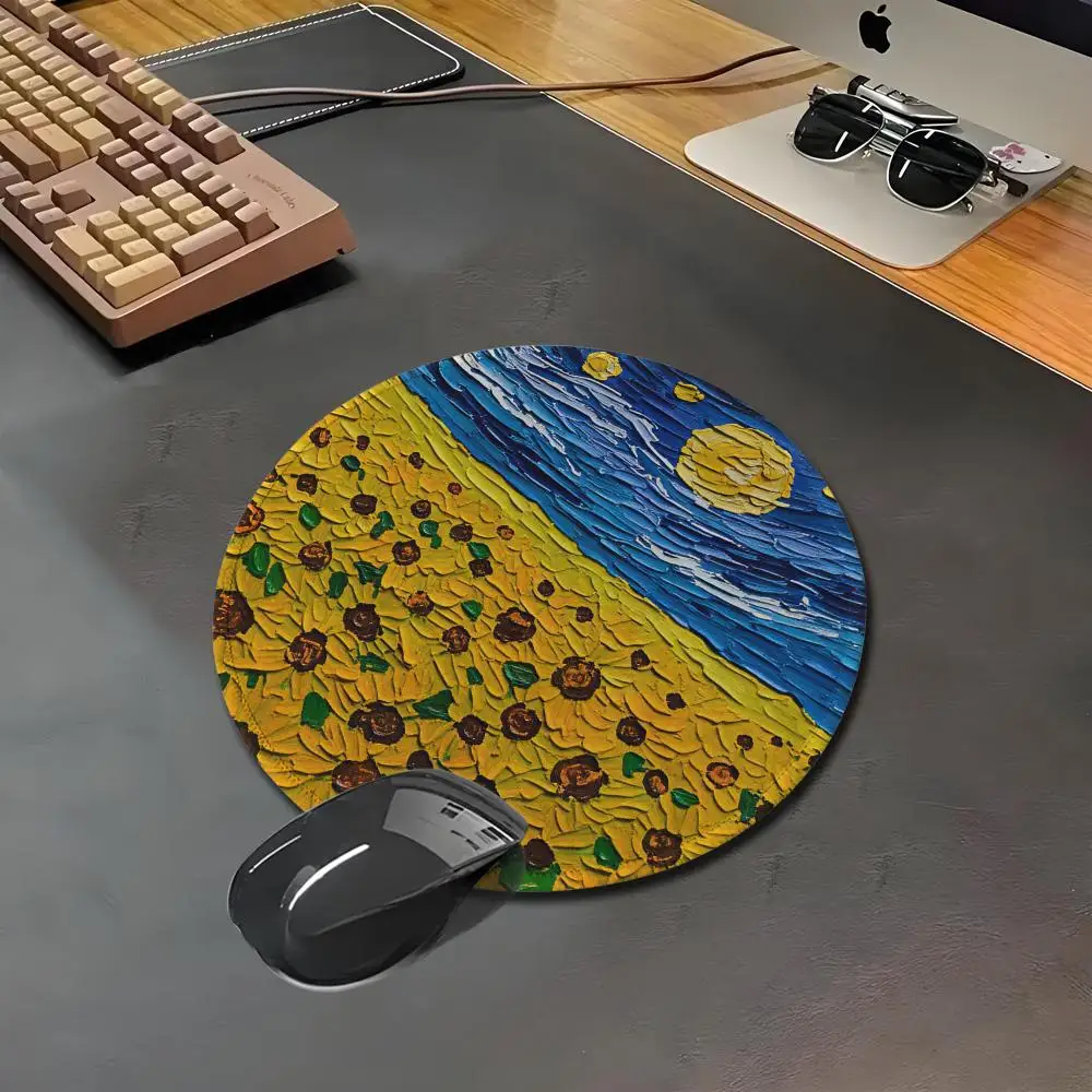 Starry Night Sunflower Round Mouse Pad Anti-slip Desk Mat Office Desk Accessories Rug Mouse Mat Gaming Set Up Mousepad
