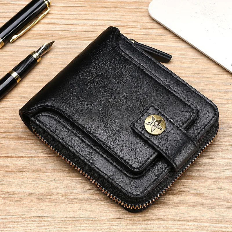 Cartera pequeña Vintage de cuero Pu para hombre, monedero corto con broche y cremallera, bolso de mano sólido, Porte para hombre