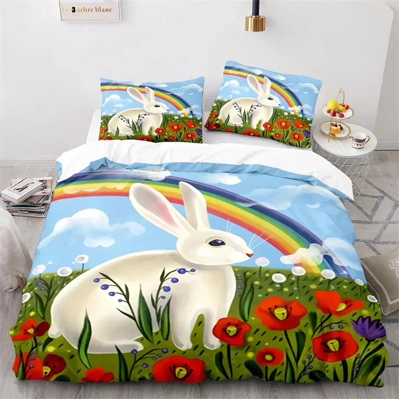 

Cartoon Animal Cute Rainbow Rabbit Bedding Set Single Twin Double Queen King Cal King Size Bed Linen Set