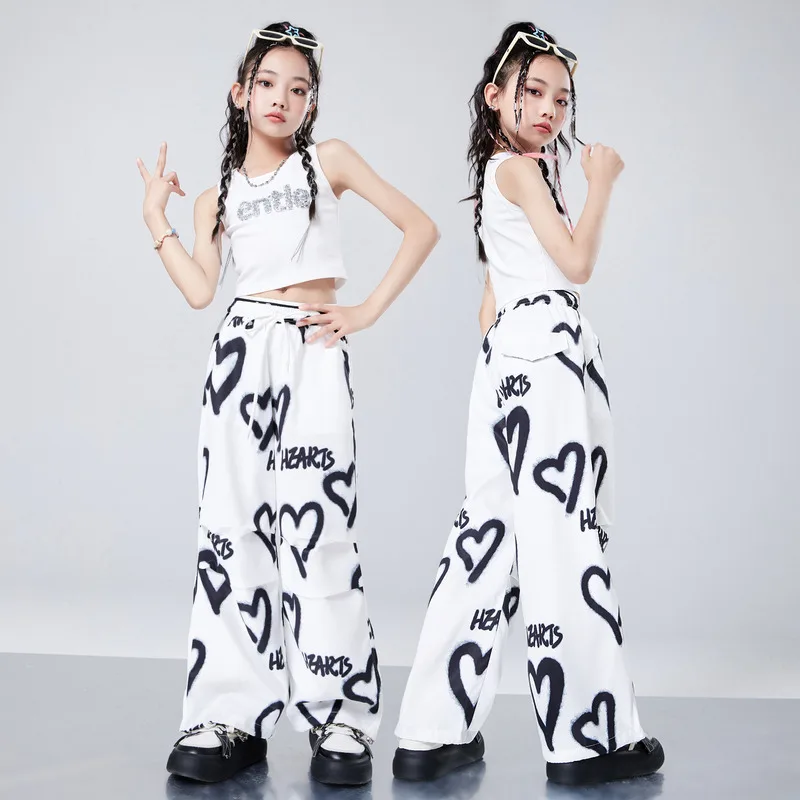 Kid Cool Hip Hop Clothing White Letters Crop Tank Top Hearts Print Casual Ruched Wide Pants for Girls Jazz Dance Costume Clothes