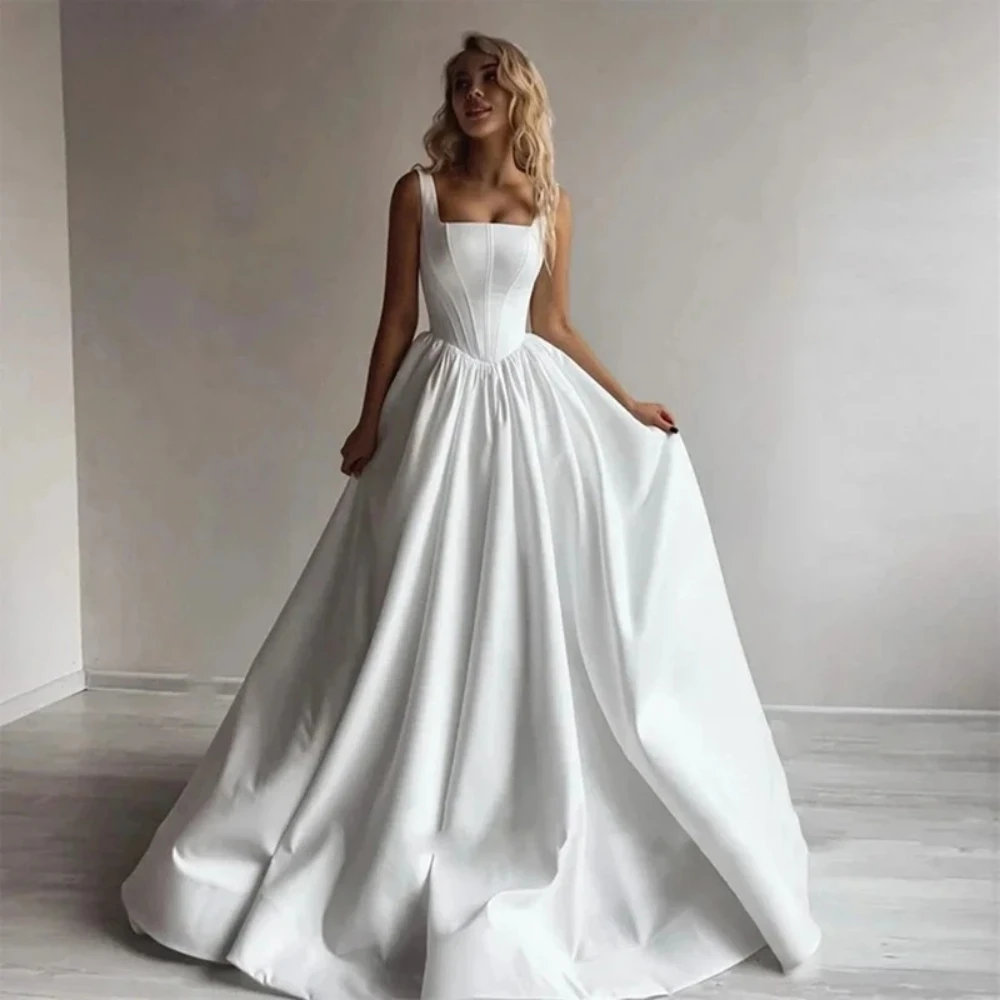 

Customized Satin Wedding Dress Square Neck Sleeveless A-Line Simple Court Train Bridal Gowns Vestidos De Novia 2026