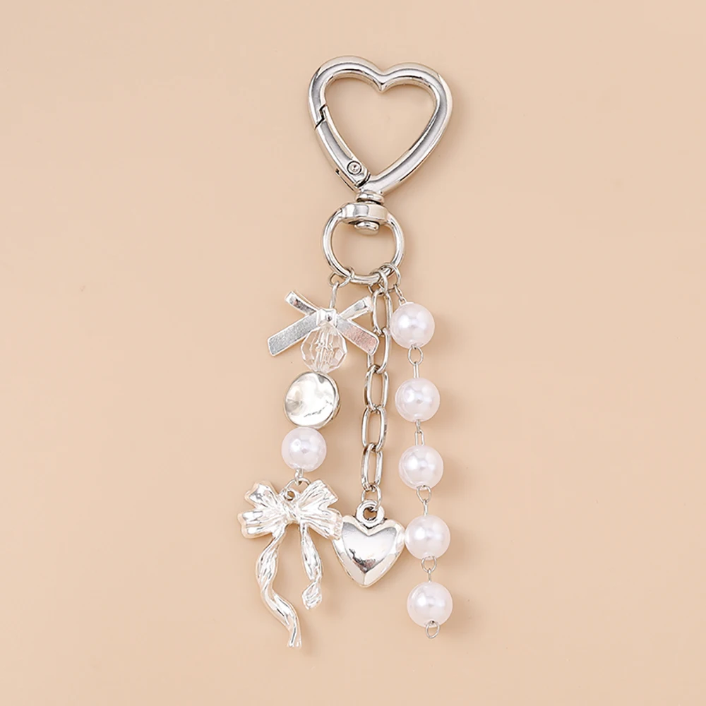Cute Bowknot Love Heart Keychain Crystal Pearl Key Ring Pendants for Women Girls Handbag Decor DIY Handmade Key Chain Gifts