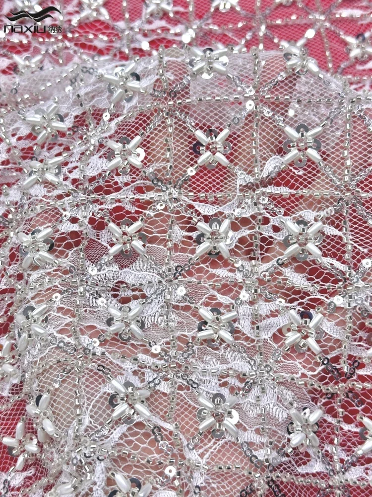 

Madison White High Quality French Net Sequins Tulle African Lace Fabric Luxury Nigerian Beaded Embroidery Lace for Party Dress