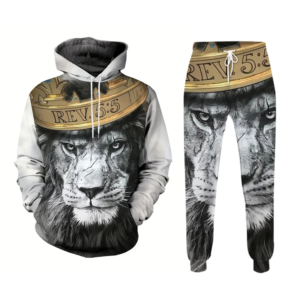 

Lion King Wolf King 3D Printed Retro 2-Piece Hooded Sweatpants for Men Fall Winter Casual Street Retro Men's Fashion Sweatshirt