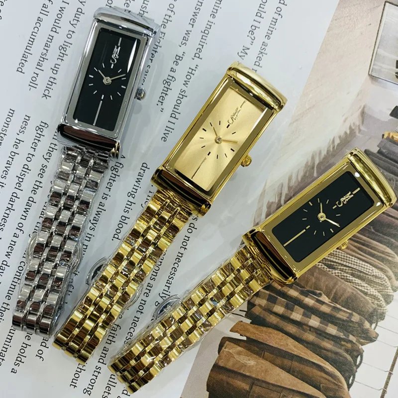 Rectangle gold silver dial quartz wristwatch Stainless steel waterproof dress ladies watch vintage clock chain bracelet reloj