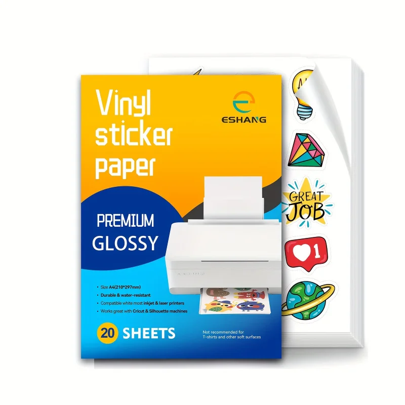 20 sheets A4 size glossy printable vinyl sticker paper for inkjet printer self-adhesive sheets 8.3 