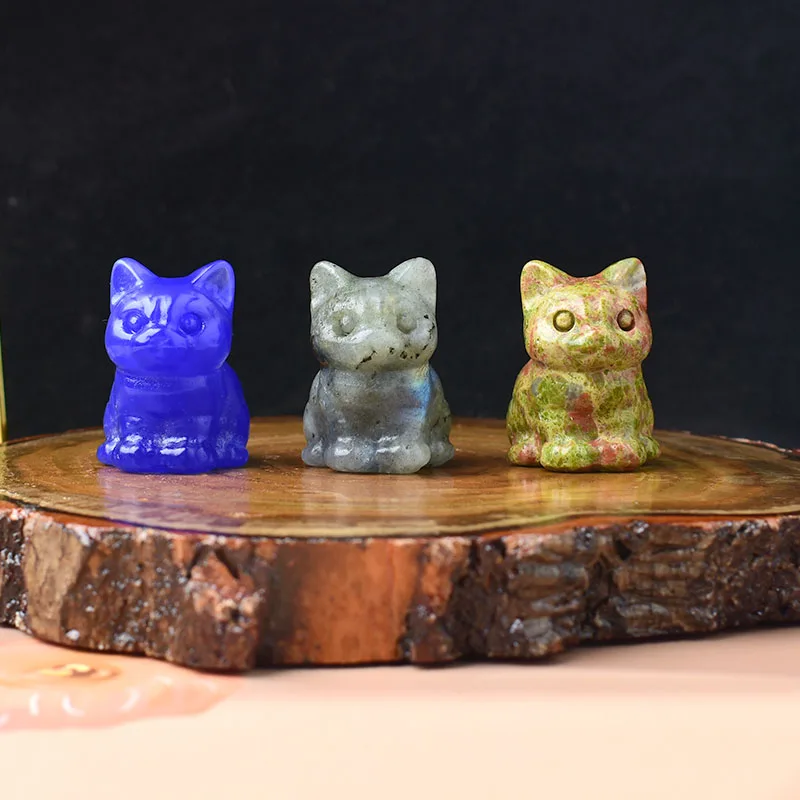 1PC Natural Crystal Carved Sit Cat Healing Stone Crystal Figurines Reiki Gemstone Crafts Home Decoration Children DIY Gift