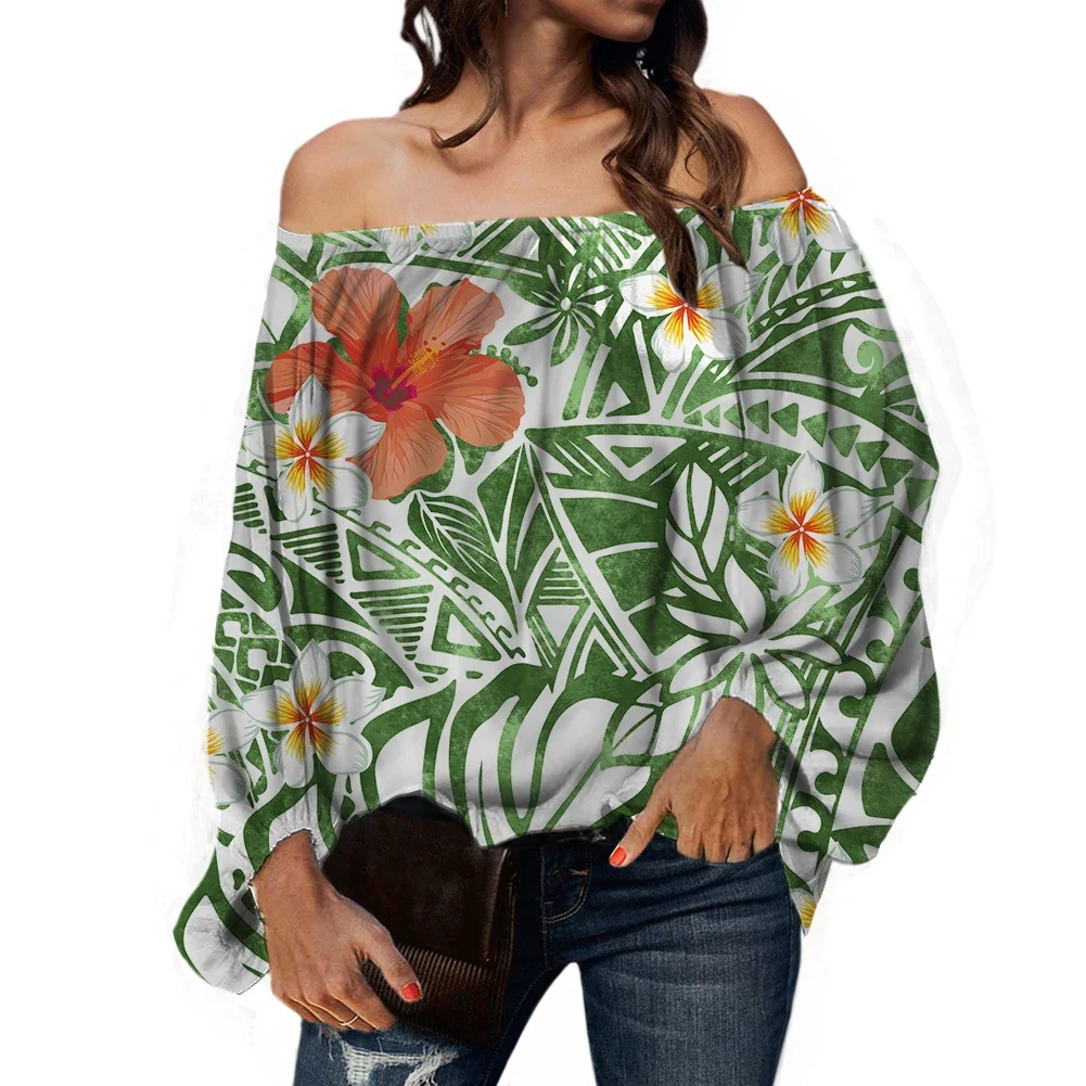 Elegant Chiffon Blouses for Women, Kanaka Maoli, Polynesian Tribal Hibiscus, Plumeria Print, Sexy Off Shoulder Shirt, Streetwear