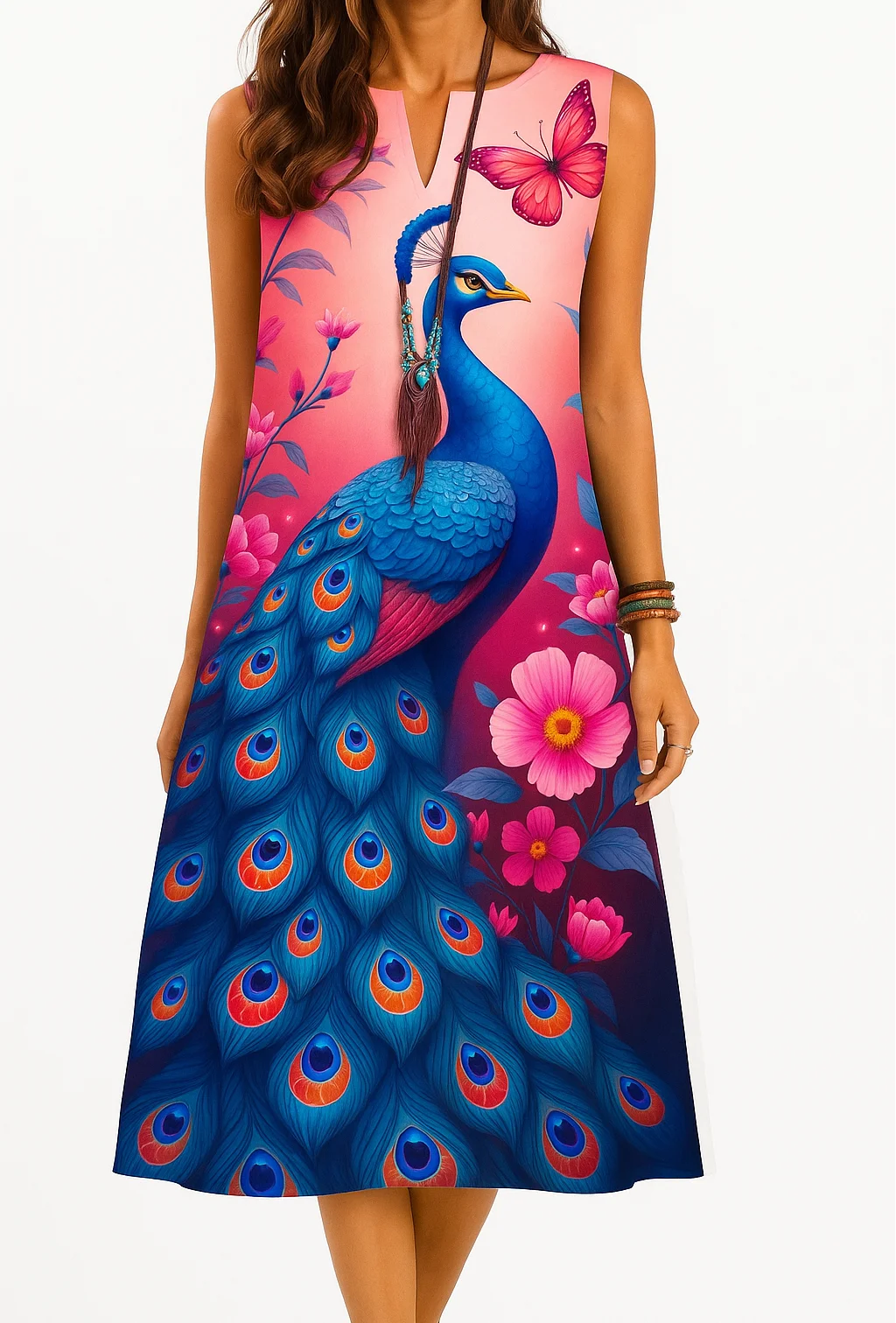 Women's kurt fashionable and elegant long sleeved straight tube casual V-neck peacock pattern new comfortable dress