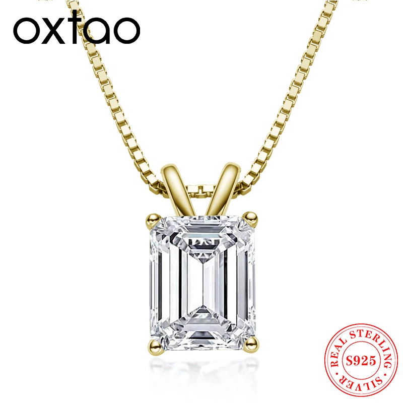 

OXTAO Women's Square Emerald Cut Pendant Necklace Zircon S925 Sterling Silver Chain Plated 18k White Gold Fine Jewelry Necklace