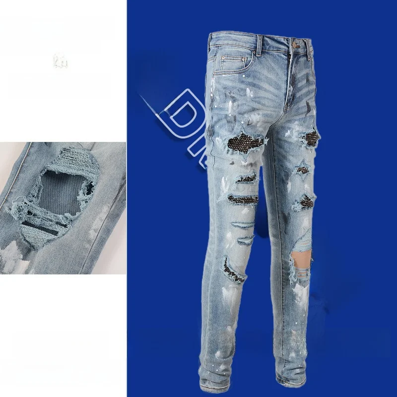 High Street Sle Diamond Embellied Stretchy Skinny Jeans Gescheurde denim Hoge taille lange broek Jeugdige trendy vrijetijdskleding