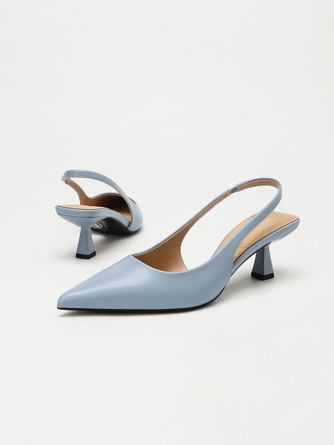 Hellblaue Damen-Slingback-Pumps aus Kunstleder mit spitzer Zehenpartie, dreieckigem niedrigem Absatz, elegante Schuhe für Büro, Hochzeit, Party – Detail 2