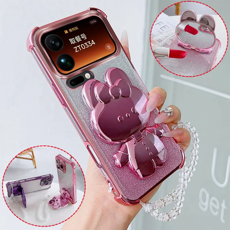 Stoßfeste Handyhülle mit niedlichem Kaninchen-Make-up-Schwenkständer und Kristall-Lanyard für Xiaomi Mi 17Pro Max Xiaomi17 Mi17 Back Cover
