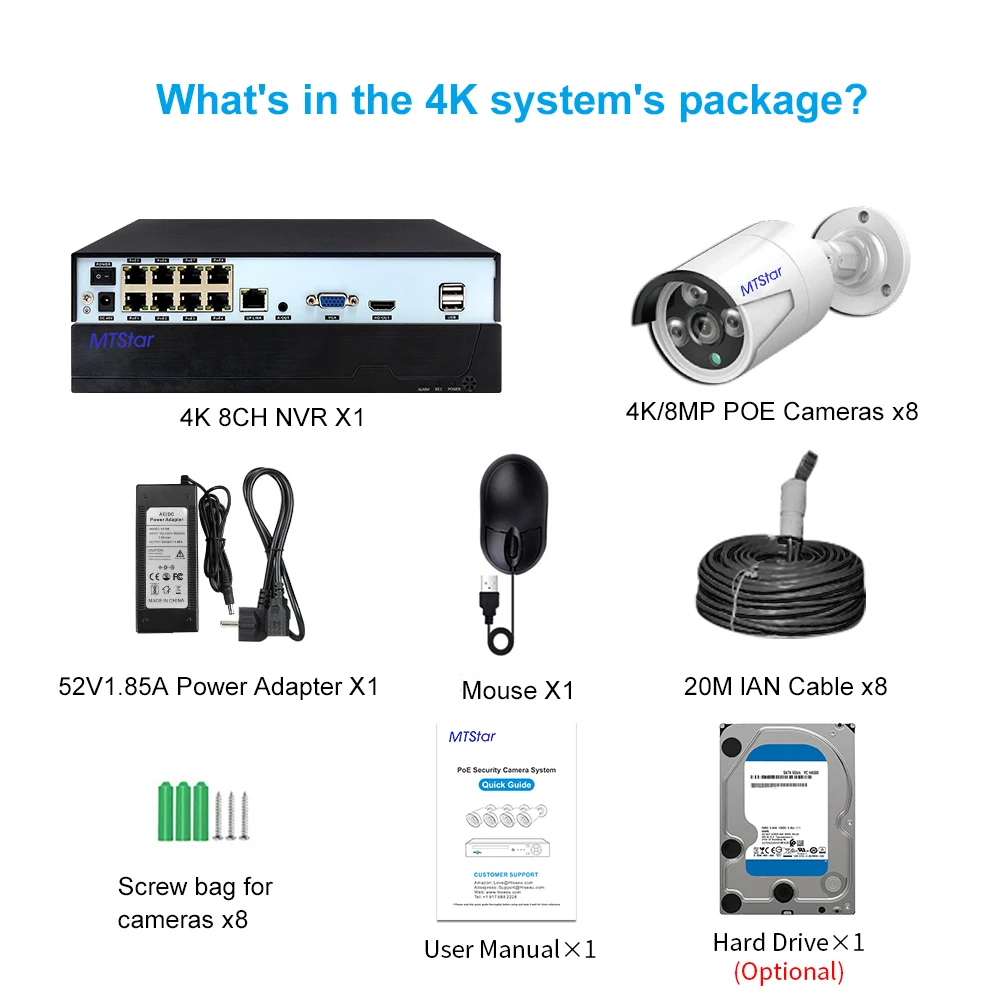 8CH 4K With Normal Wired PoE IP Bullet 2MP 3MP 5MP 8MP Cameras NVR Kit IR 30M Humanoid Detection Audio CCTV 4 Channel