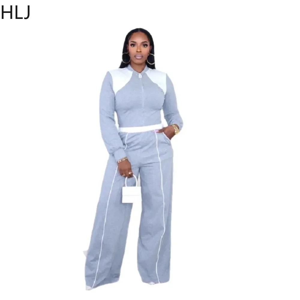 HLJ Fashion Striped Patchwork Bodycon 2 Pieces Set for Woman Color Block Long Sleeves Top and Pants Female Streetwear Clothing