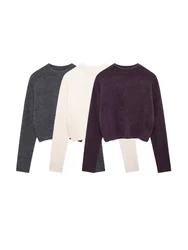Women's Soft Cropped Knit Sweater, Side Vents, O Neck, Long Sleeve, Female Pullovers, Chic Tops, Fashion