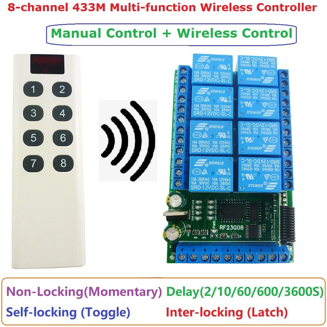 

Module 4 Function Modes RC Remote Control DC 5/12/24V 8Ch 433M EV1527 Learning Code OOK ASK RC Multi-function Remote Control Kit