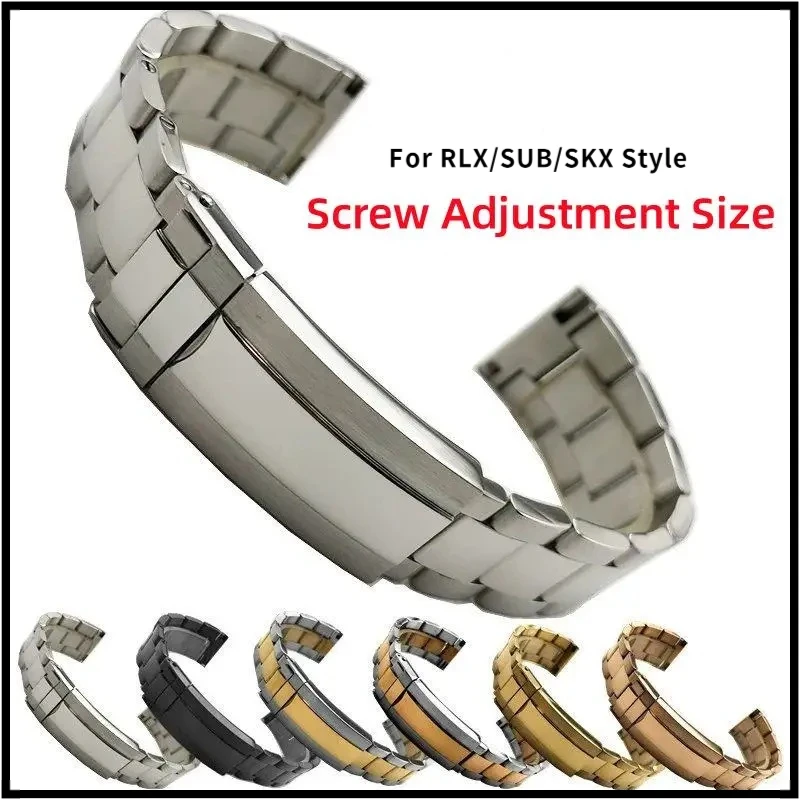 replacement-stainless-steel-oyster-bracelet-for-rlx-sub-skx-style-20-22mm-silver-black-gold-screw-end-men‘s-strap-waterproof