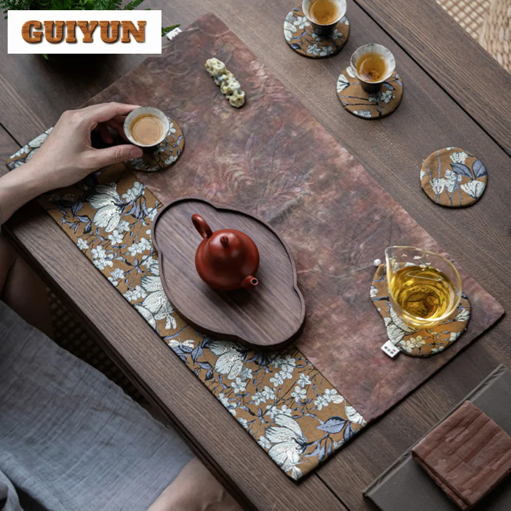 Chinese Tang Color Pattern Tea Table Mats Magnolia Flower Dry Brewing Tea Mat Splicing Thermal Insulation Zen Table Flag Cloth