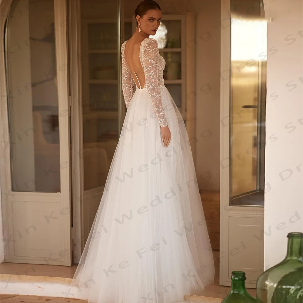 Robe de mariée sexy à col en V profond pour femmes, robe élégante à manches longues, robe de mariée princesse A-Line, tout ce qui est avec un design de bouton sur le dos