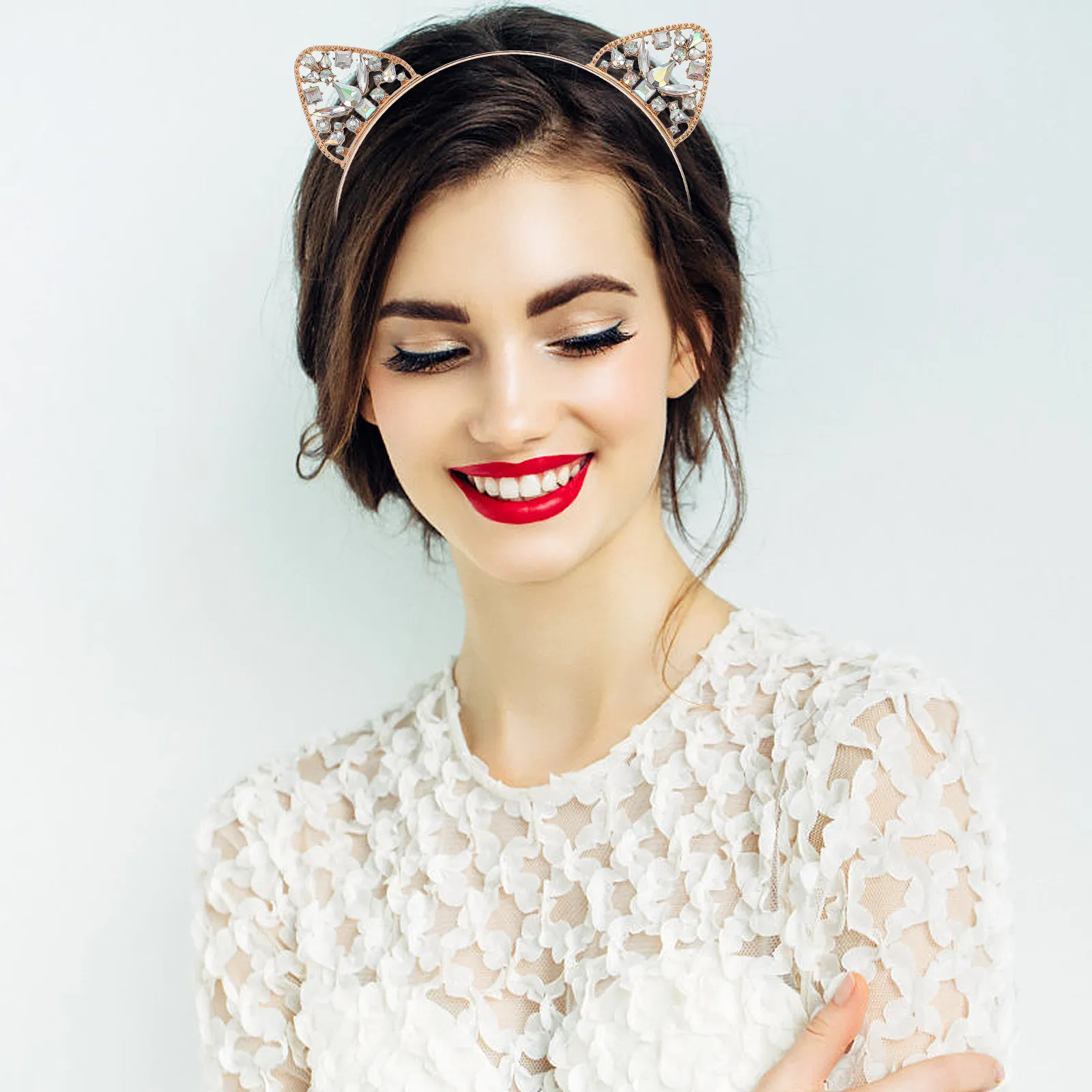 

3Pcs Female Head-Hoop Cat Ears Design Rhinestone Hairband for Birthday Celebration Pageant Cosplay Gathering Fashion Accessory