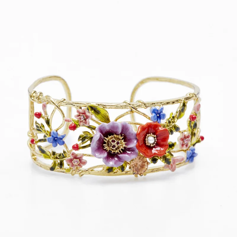 

New Fashion Pastoral Style Wide Bangle Open Bracelet Multi Color Flowers Pink Blossom Blue Flower Red Purple Camellia China Rose