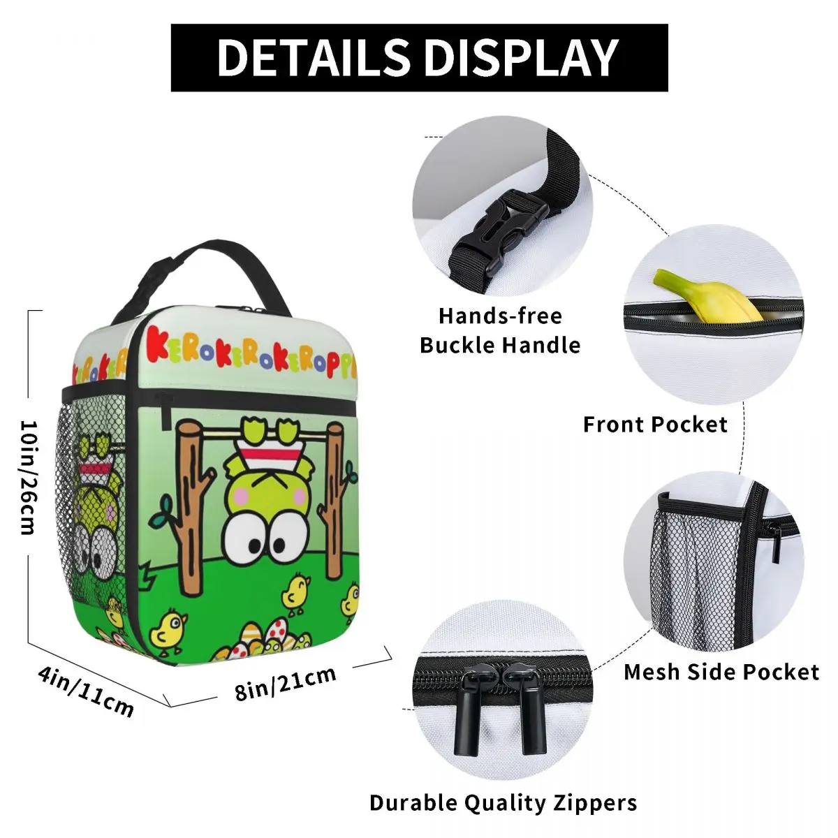 Keroppi Fun Lunch Bag para Mulheres, Refrigerador Térmico, Caixa Bento Isolada, Sacolas Portáteis, Personalizadas, Escritório, Piquenique, Viagem