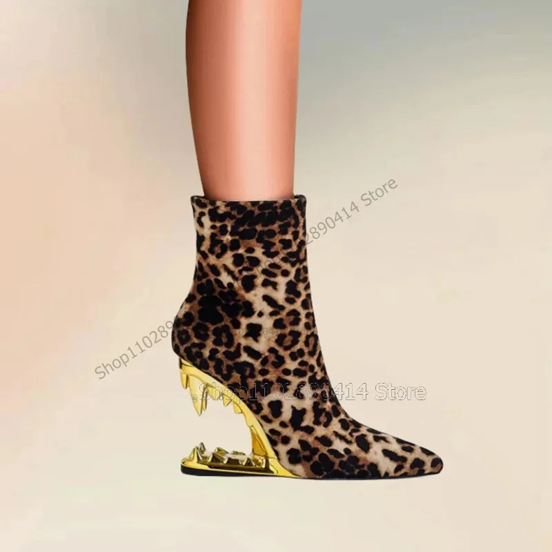 Leopard Print Strange Style Heels Boots Side Zipper Women Shoes Pointed Toe Fashion Party Feast Banquet 2024 Zapatos Para Mujere