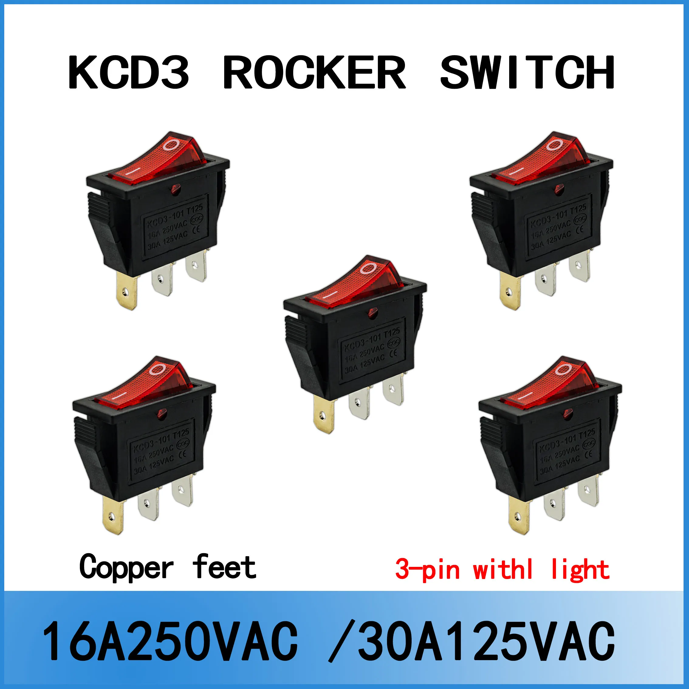 

5Pcs Rocker Switch Red Light Illuminated, ON/Off SPST 3 Pin 3 Position Boat Rocker Toggle Switch Snap AC 250V/15A 125V/30A KCD3