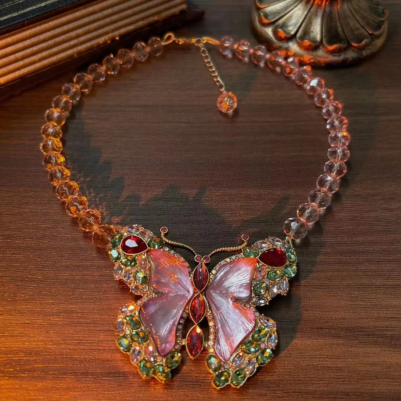 Butterfly pink rhinestone cute sweet necklace Brooch earrings