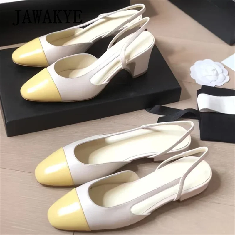 Summer Round Toe Square Heels Slingback Sandals Women Leather Patchwork Pumps Designer Shoes Elegant Dress Sandalias Femininas