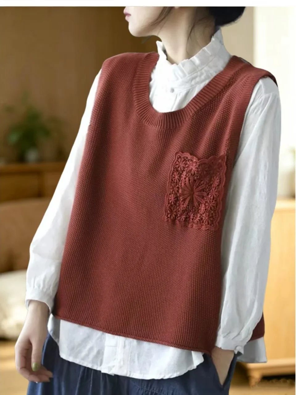 Authentic Lace Pocket Knitted Vest Women's round Neck Sleeveless Shoulder Pad Spring Autumn Outerwear Casual Style Cotton 100%
