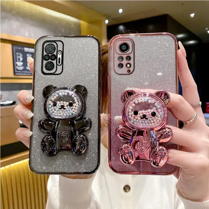 Redmi 13c 4G 5G Cute Bear Holder Bracket Glitter Plating Case On For Xiaomi Redmi 13c 9c 9 9a 10 10a 10c 12 12c 9at Stand Cover