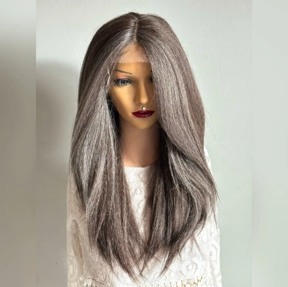 باروكة يومية! بني طويل غريب مع مزيج رمادي، دانتيل أمامي