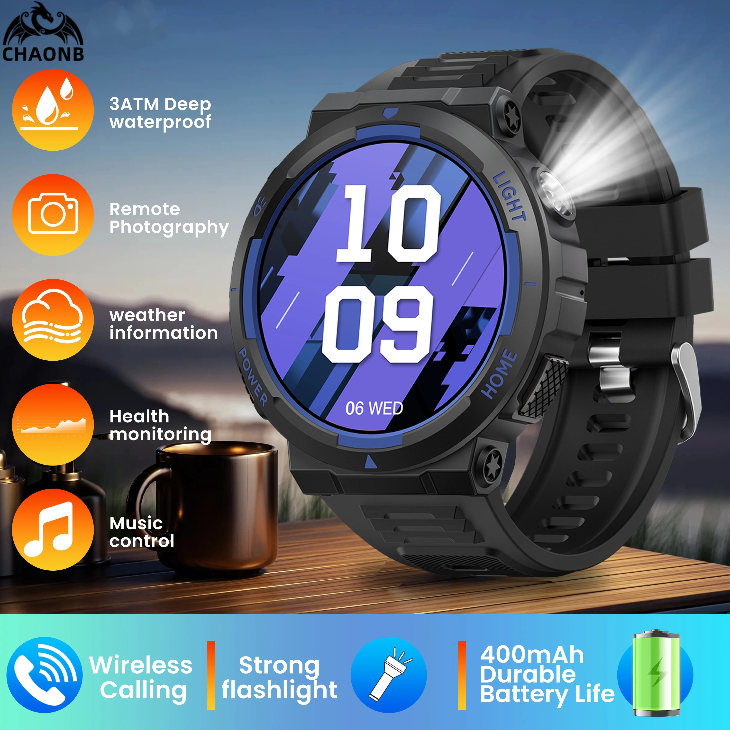 Smartwatch New Men Alarm 3ATM Waterproof Outdoor Strong Flashlight Smart Watch Sport Fitness HD Bluetooth Call Long Battery Life