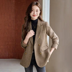 Women's Short Woolen Suit Jacket 2024 New Autumn and Winter French Style Coat High-grade Houndstooth Loose Casual Lady Suit Top