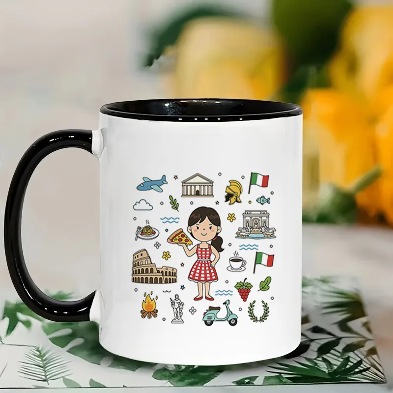 Italy Travel Elements Pizza Colosseum Cartoon Girl Ceramic Coffee Mug 11oz 350ml Personalized Custom Colorful Print Cute Aesthet