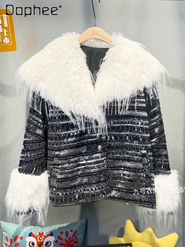 

European Station Winter New Trend Eco-Friendly Fur Women Korean Ins Plush Sequin Patchwork Tassel Lapel Loose Short Faux Fur