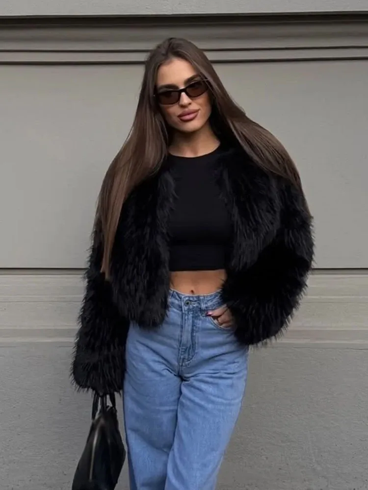 HH Women Warm CasualRound Collar Solid Short Top Winter Women's Long Sleeve Fashion  Artificial Fur Effect Streetwear Top