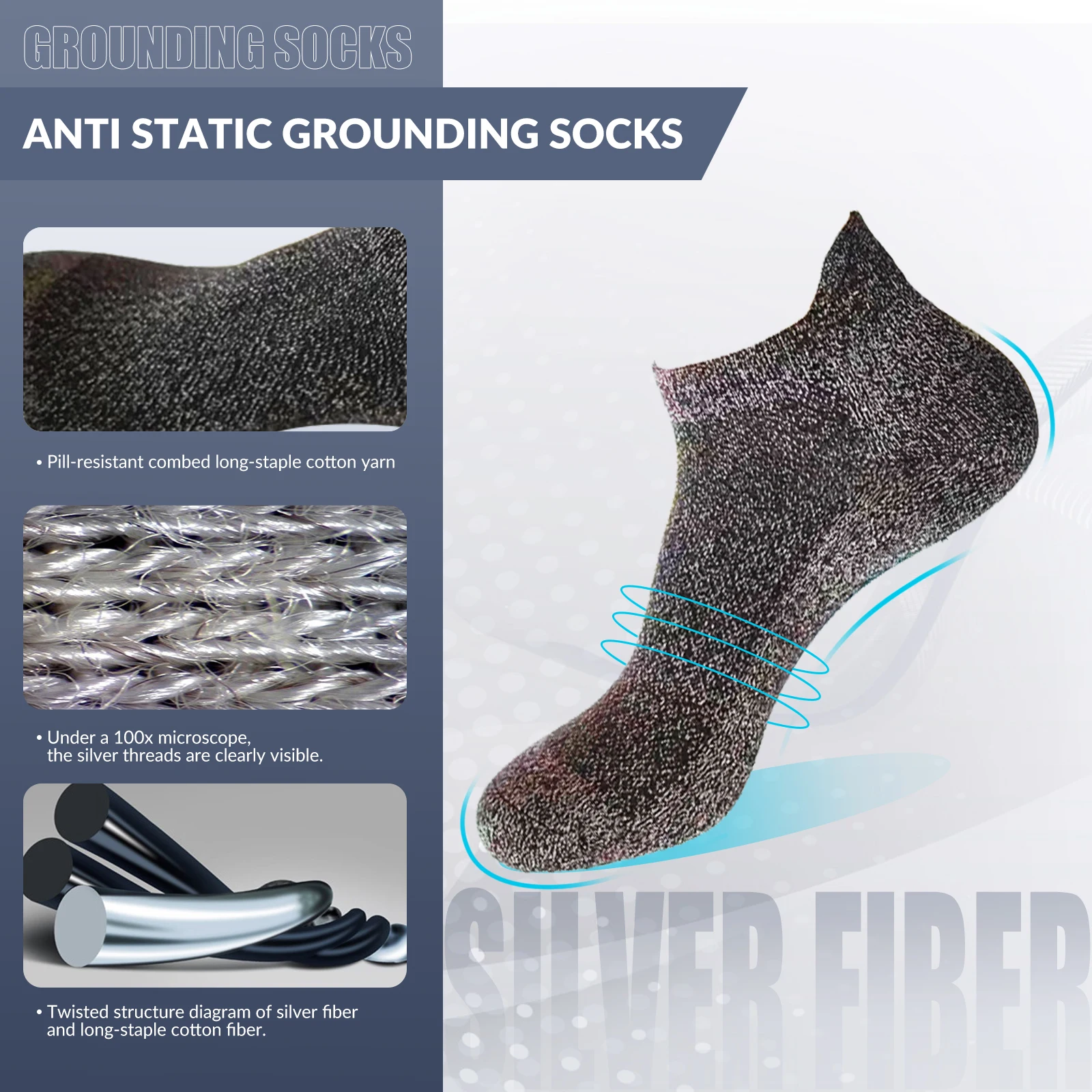 코튼 실버 주입 양말, 전도성 접지 양말, 항균 및 습기 위킹 쿼터, 남성용 양말, 6 쌍