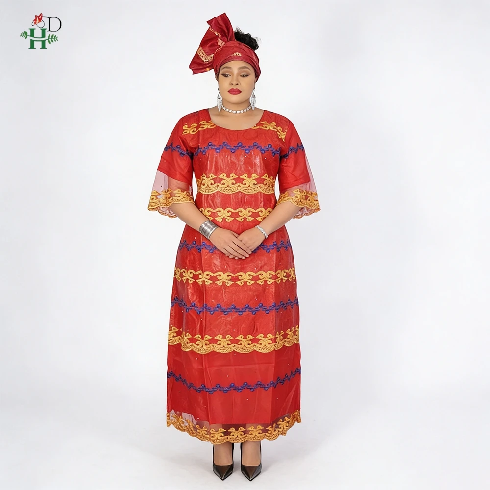 Vestidos africanos H&D para mujer, vestido bordado Bazin Riche, vestido con encaje y patchwork, con turbante, vestido de dama para boda, Ramadán