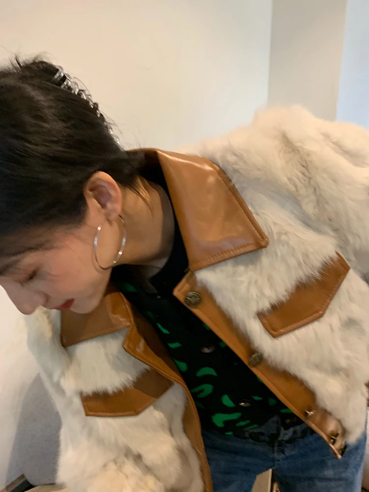 Abnehmen Faux Pelz Jaet frauen Patchwork Leder Weiß Echt Kaninchen Pelz Pelzmantel Pendeln Sle Koreanische Version ort Länge