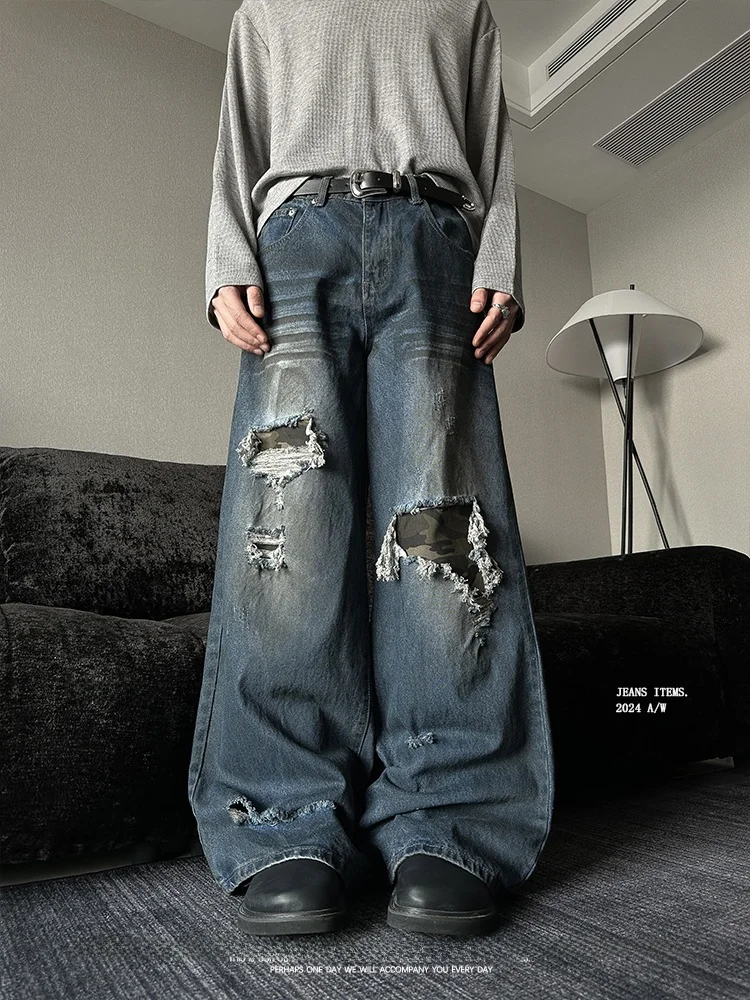 Calças Jeans Camufladas de Corte Solto para Homens e Mulheres, Estilo de Rua, Calças de Perna Larga, Calças Casuais de Algodã...