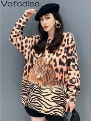 Vefadisa 2024 Autumn Winter New Tiger Printed Women Sweater O-neck Long Sleeve Knitted Pullover Casual All-match Top ZXY964A