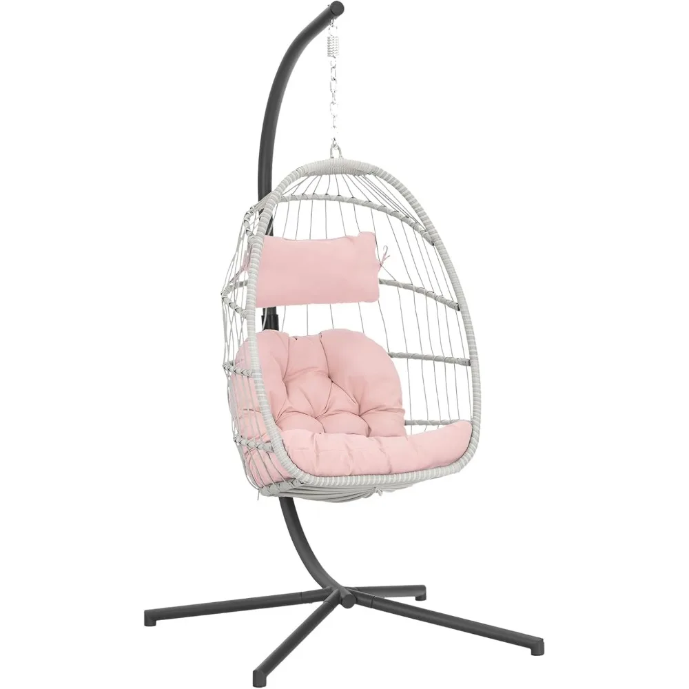 Hanging Chair with Stand,Patio Wicker Pink Swing Chair Hammock Egg Chairs with UV Resistant Cushion for Indoor,  Garden,Backyard