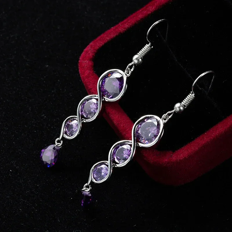 Luxury Twisted Spiral Column Long Drop Earrings For Women Purple Zirconia Copper Elegant Wedding Jewelry Female Ear Accessories